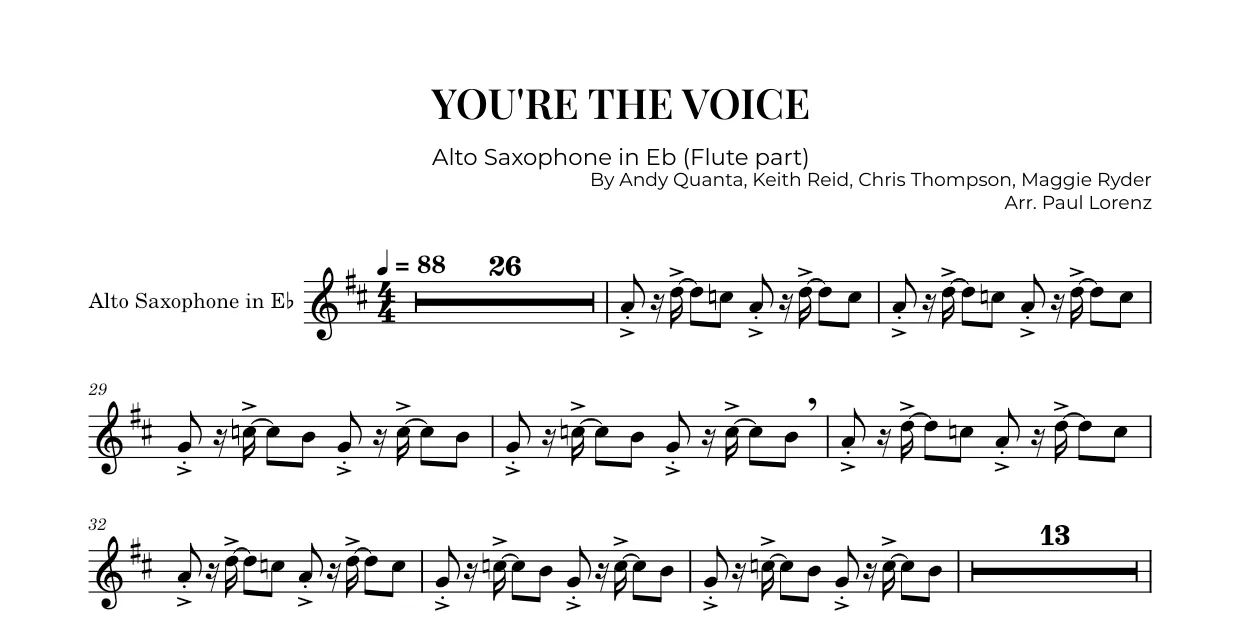 Example: the Flute part as Alto saxophone in E♭