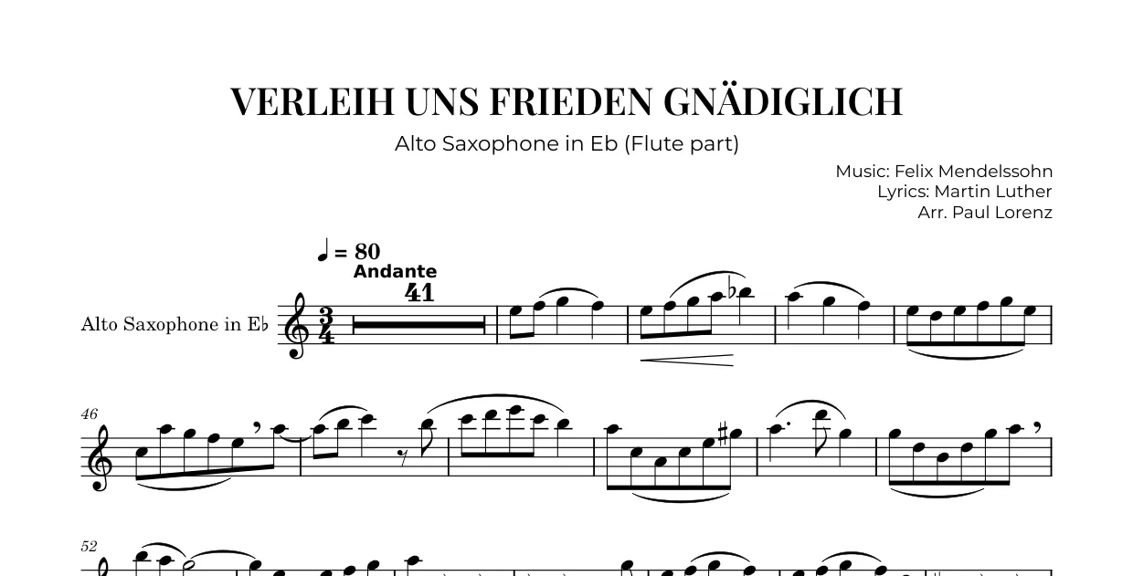 Example: the Flute II part as Alto saxophone in E♭
