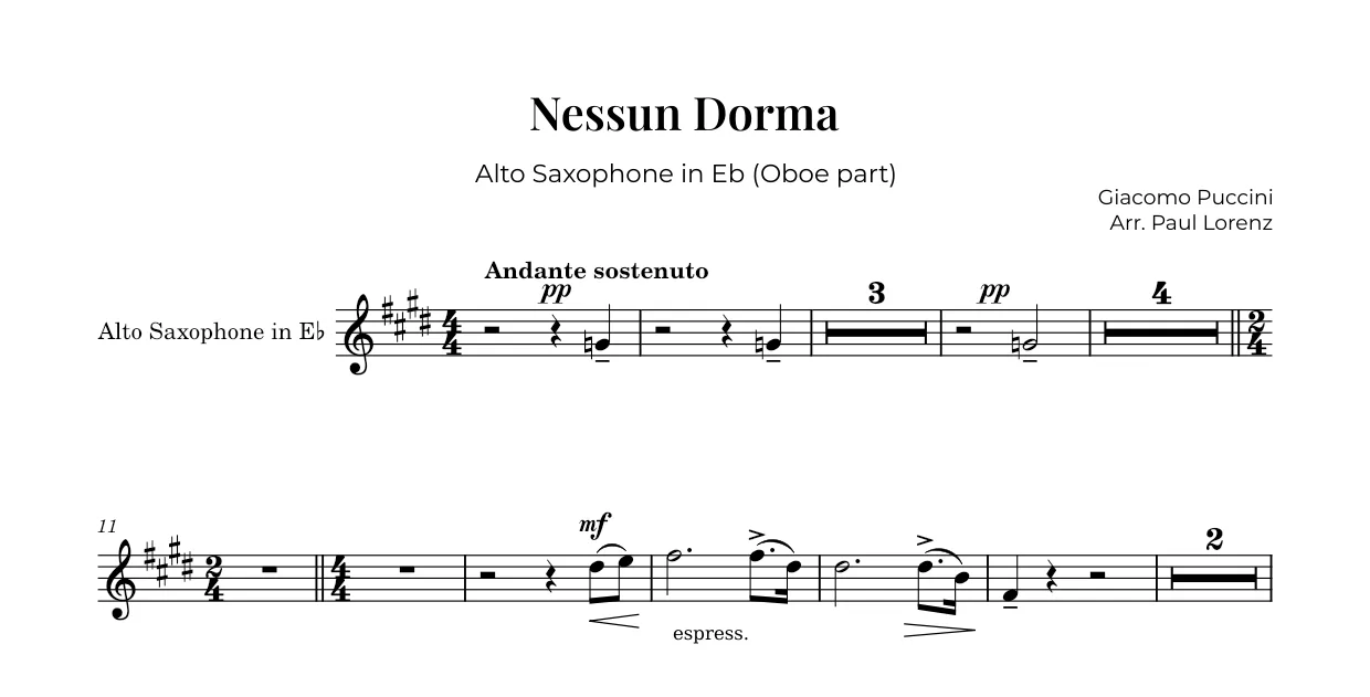 Example: the Oboe part as Alto saxophone in E♭
