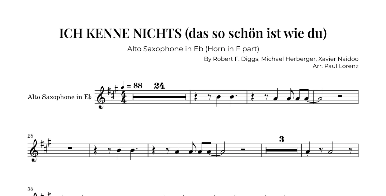 Example: the Horn in F part as Alto saxophone in E♭