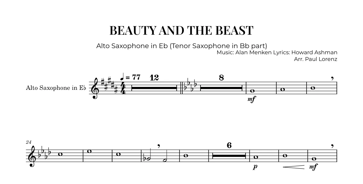 Example: the Tenor saxophone in B♭ part as Alto saxophone in E♭