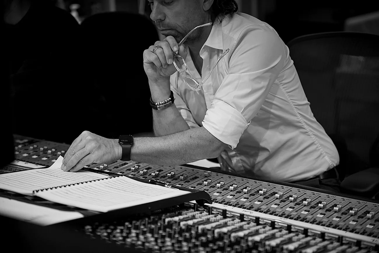 Paul Lorenz studying the score at the Abbey Road mixing console